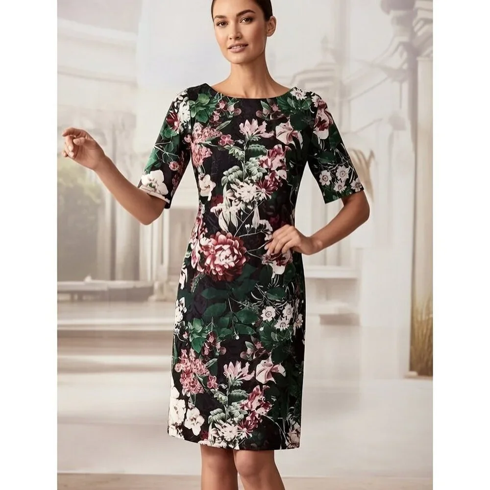 Calvin Klein Floral Scuba Sheath Dress 10 Black Pink Wedding Guest Midi